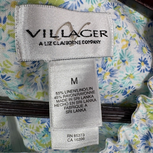Vntg Villager Liz Claiborne Ditsy Floral Cinch Neck Linen Maxi Dress Blue Medium - Picture 10 of 12